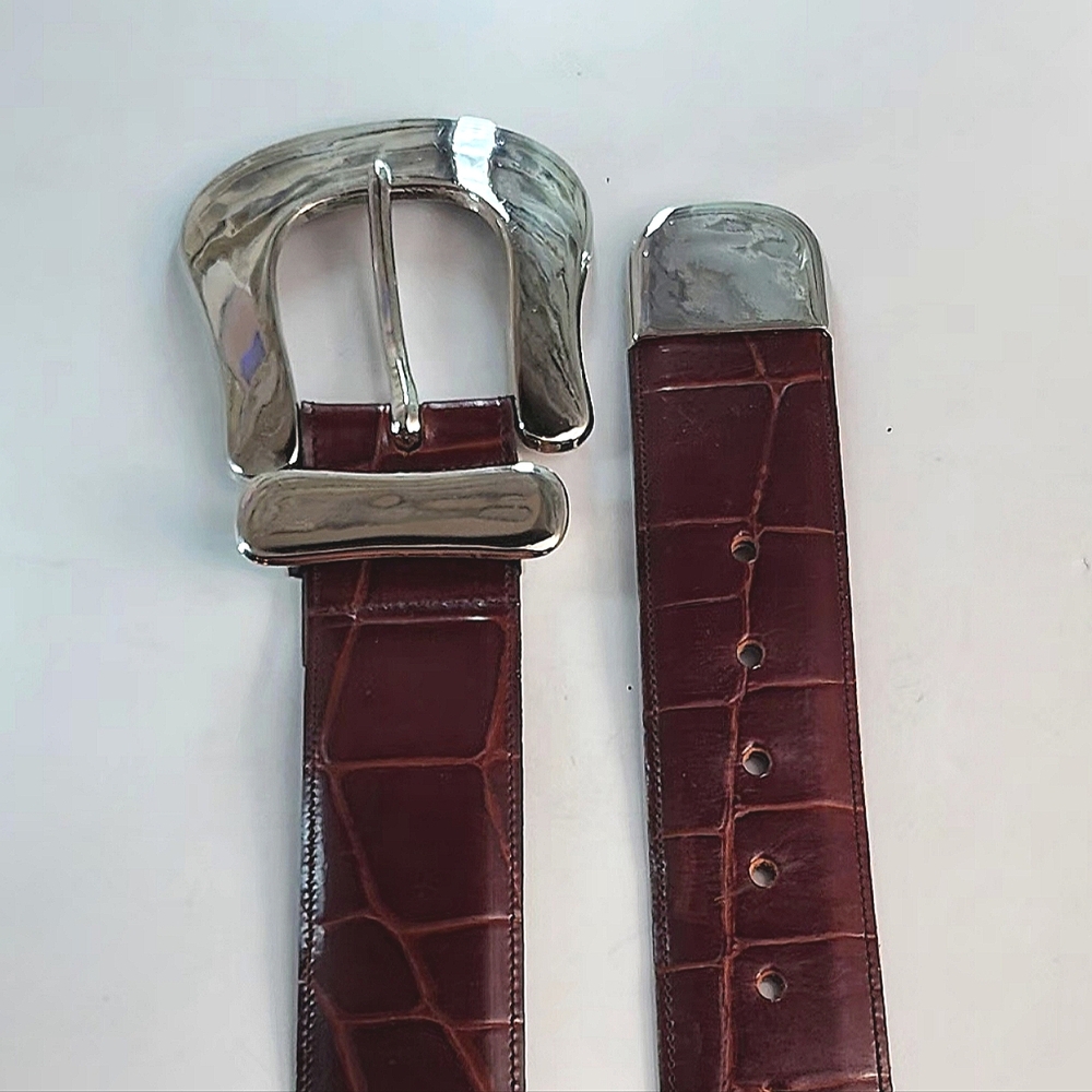 Joan & David Silver Buckle Brown Croc-Embossed Belt